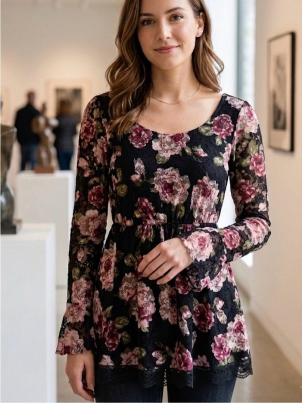 Floral Lace Long-Sleeve Peplum Top Dress in Black and Pink